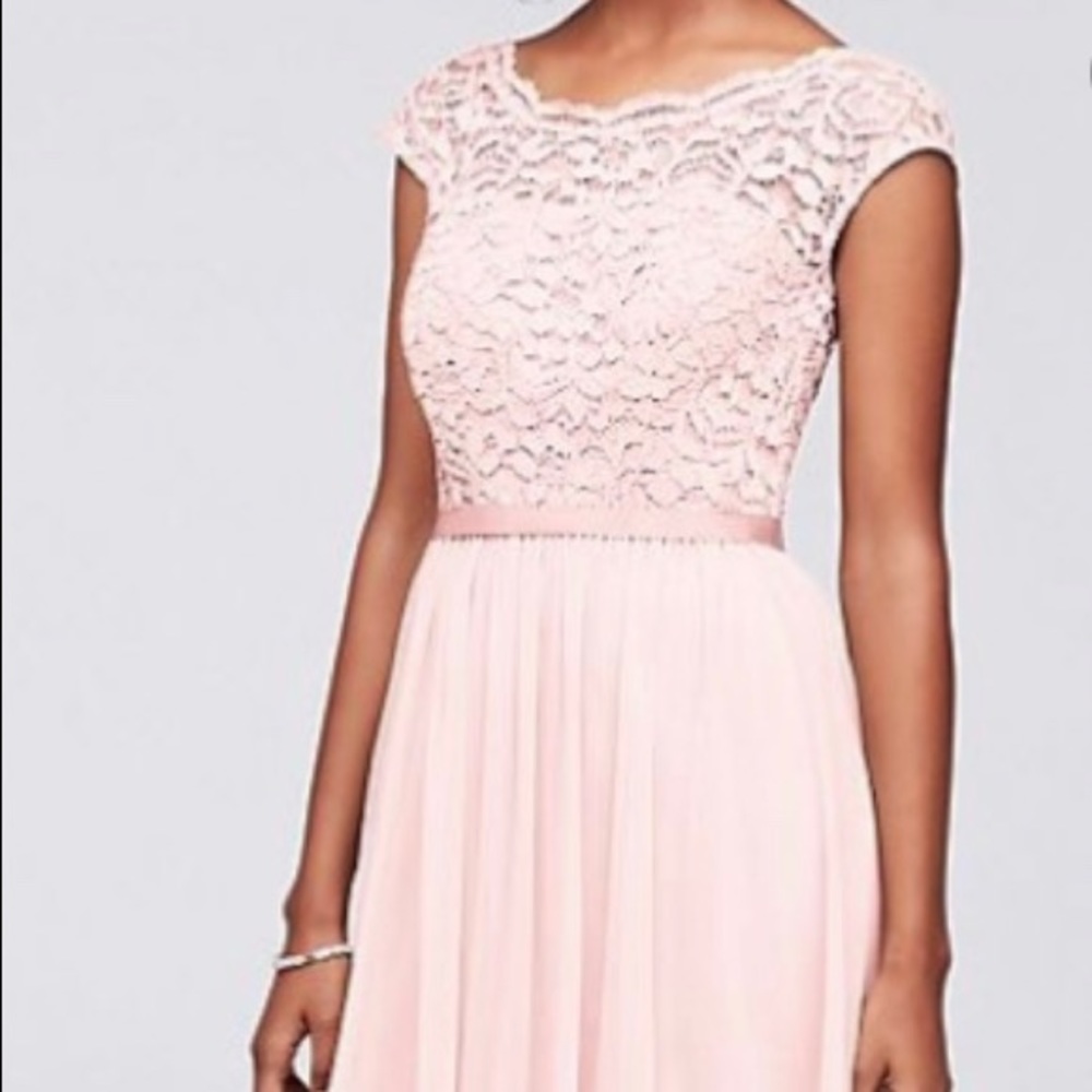 David’s Bridal blush pink brides maid dress.